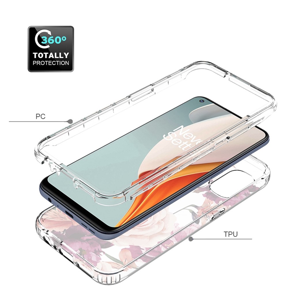 Clear Phone Case For OnePlus Nord N100, PC Frame + TPU Cover 2-in-1 Pattern Printing Drop-proof Phone Shell - Purple Flower-4