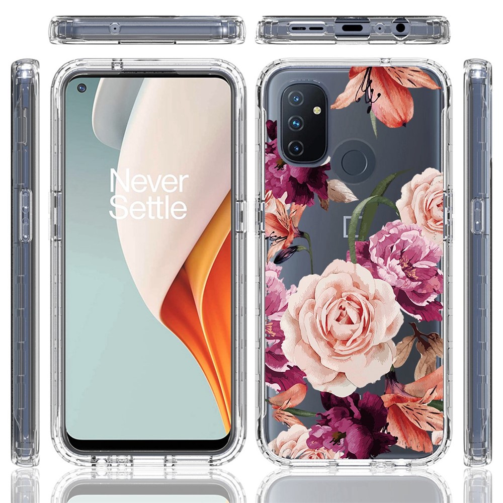 Clear Phone Case For OnePlus Nord N100, PC Frame + TPU Cover 2-in-1 Pattern Printing Drop-proof Phone Shell - Purple Flower-6