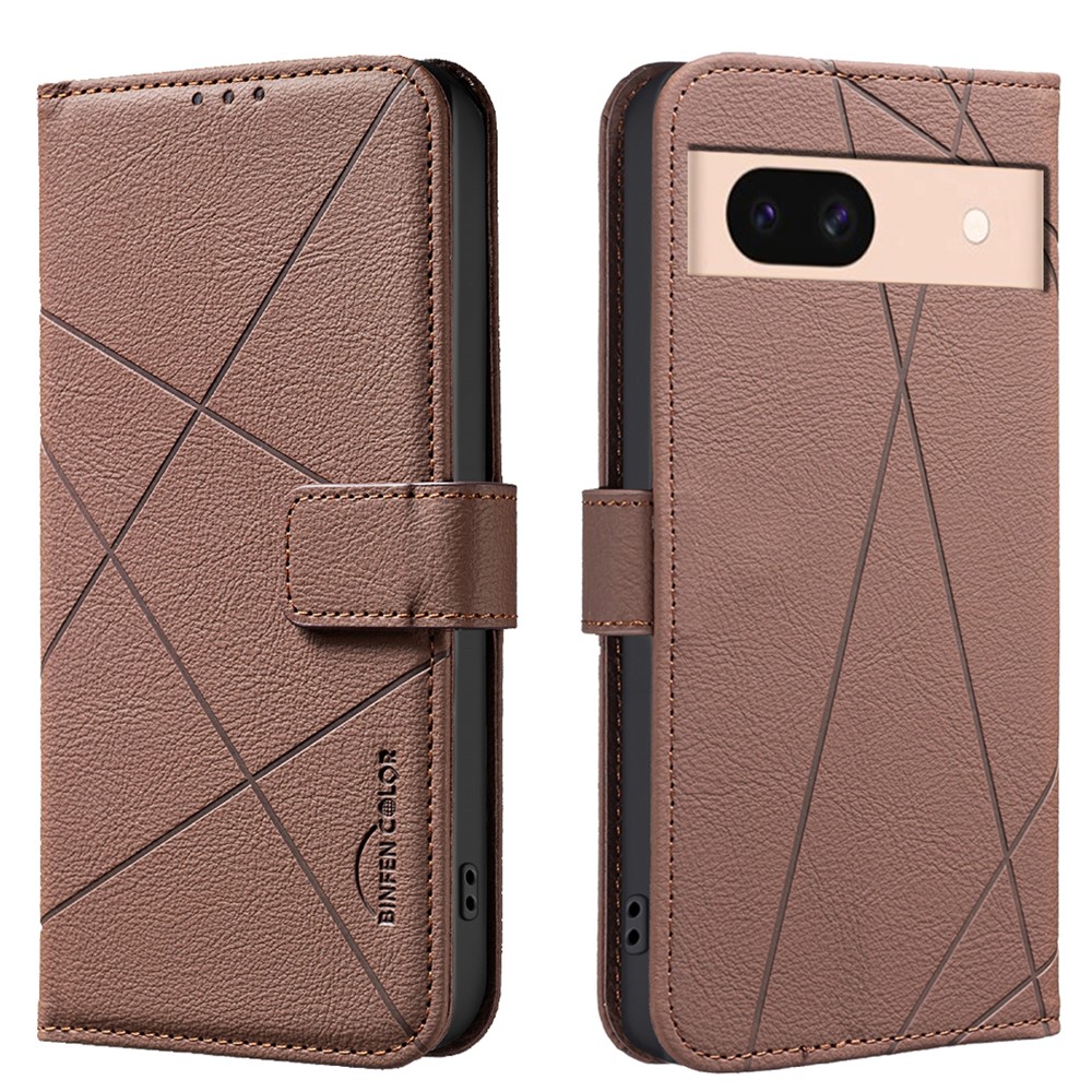 For Google Pixel 8 Case BINFEN COLOR BF35 Geometry Imprinted Leather Phone Cover RFID Blocking Wallet Stand - Brown