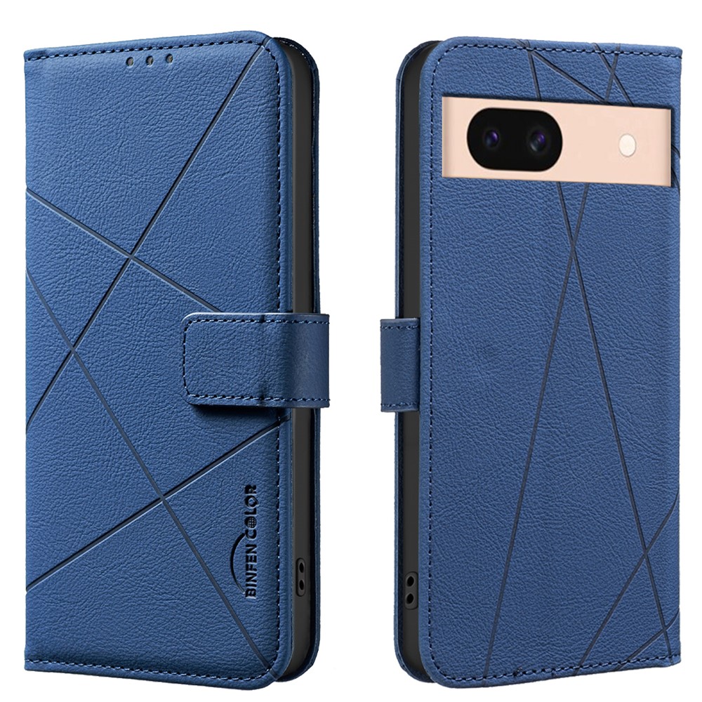 For Google Pixel 8 Case BINFEN COLOR BF35 Geometry Imprinted Leather Phone Cover RFID Blocking Wallet Stand - Blue