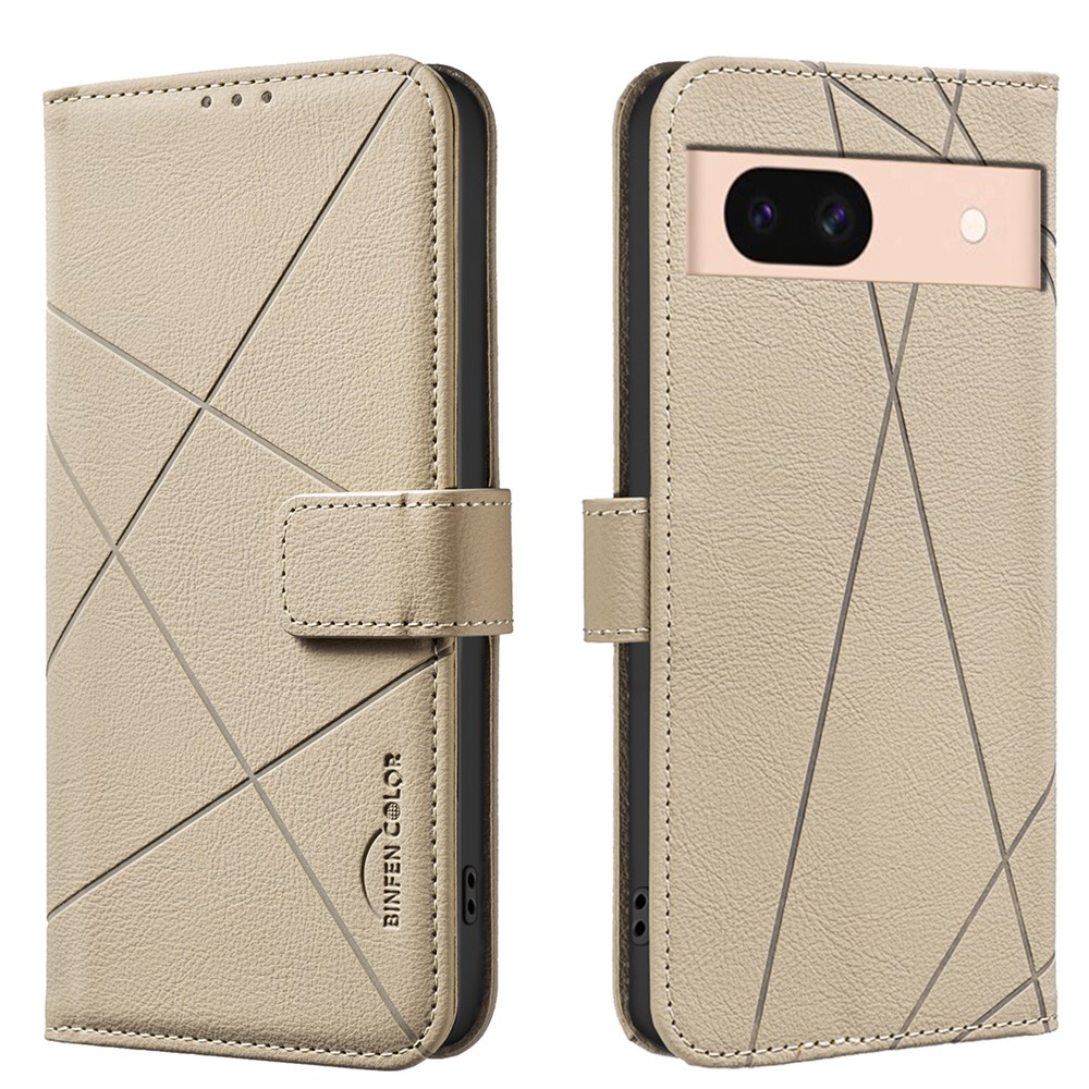 For Google Pixel 8 Case BINFEN COLOR BF35 Geometry Imprinted Leather Phone Cover RFID Blocking Wallet Stand - Beige