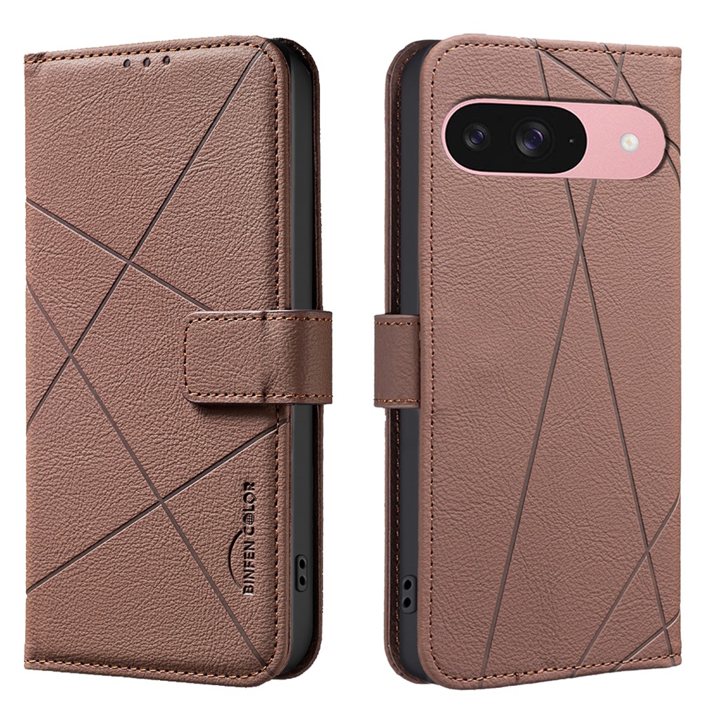 For Google Pixel 8 Pro Case BINFEN COLOR BF35 Geometry Imprinted Leather Phone Cover RFID Blocking Wallet Stand - Brown