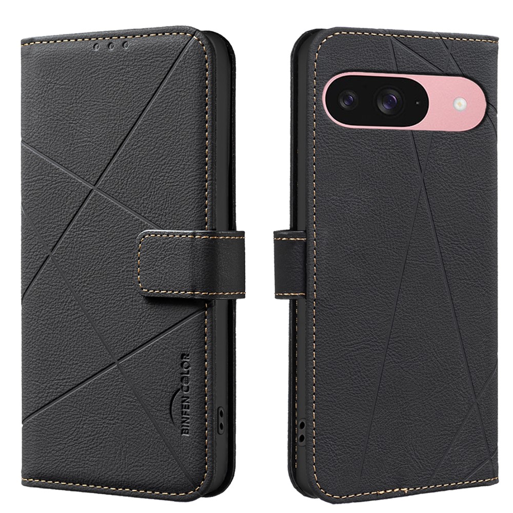 For Google Pixel 8 Pro Case BINFEN COLOR BF35 Geometry Imprinted Leather Phone Cover RFID Blocking Wallet Stand - Black
