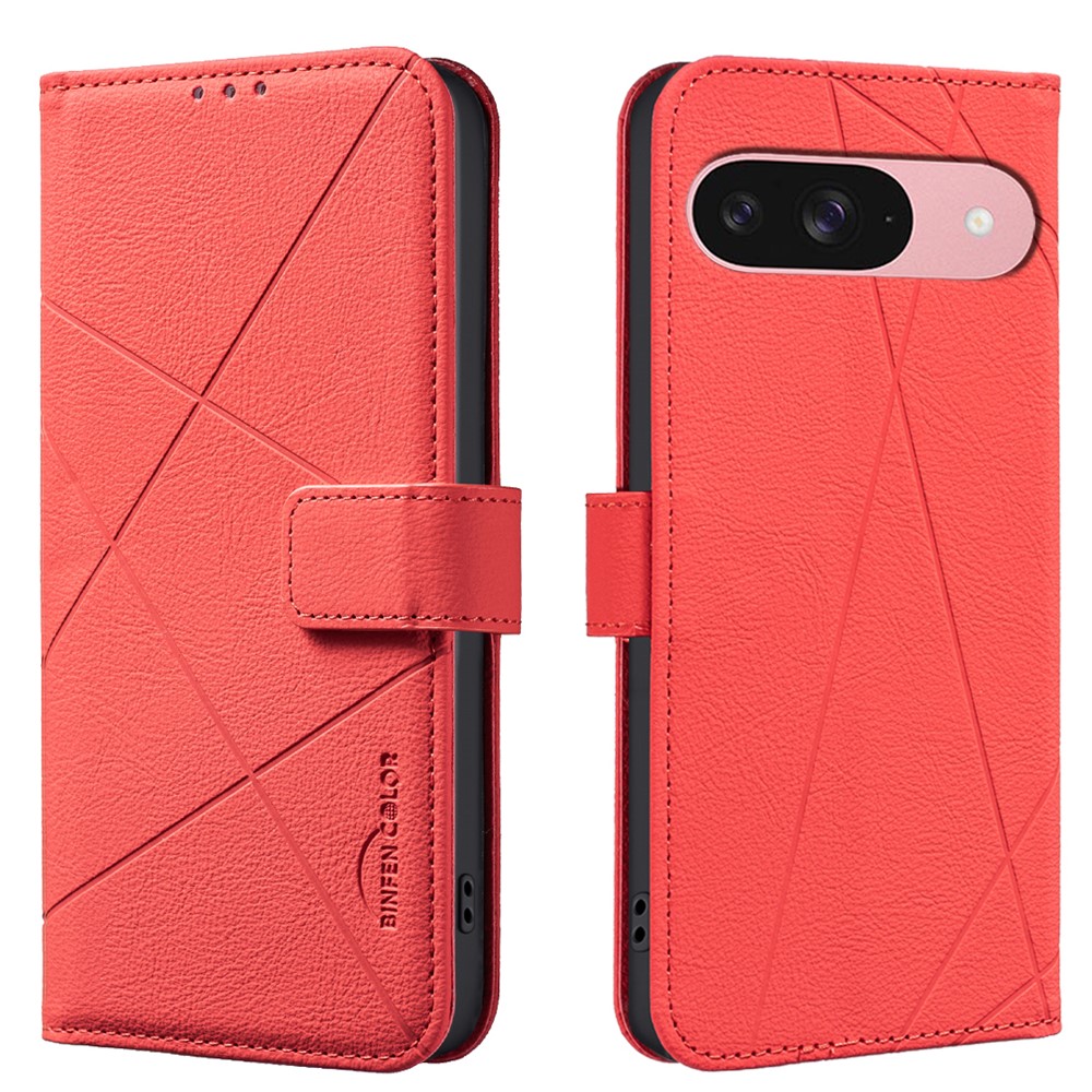 For Google Pixel 8 Pro Case BINFEN COLOR BF35 Geometry Imprinted Leather Phone Cover RFID Blocking Wallet Stand - Red