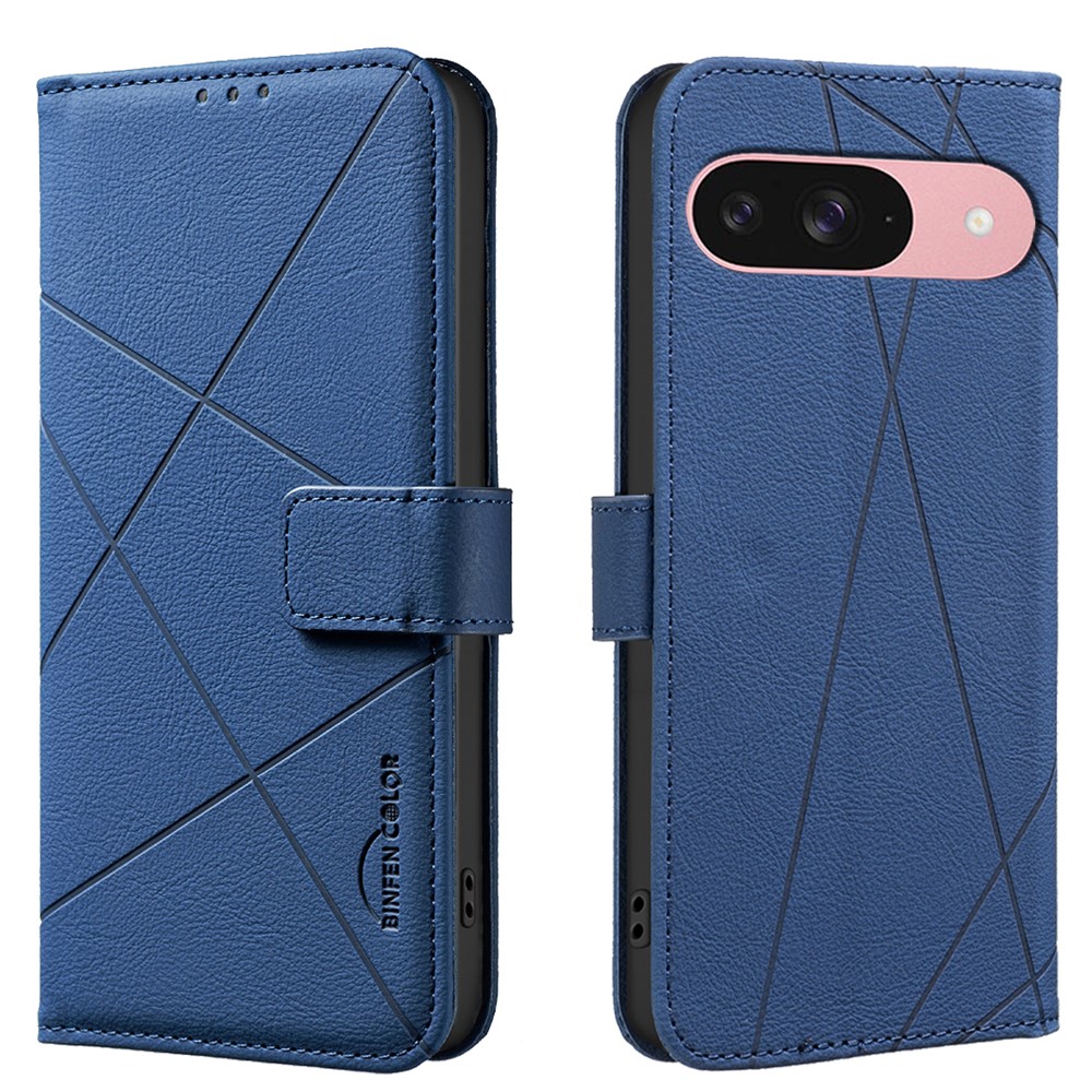 For Google Pixel 8 Pro Case BINFEN COLOR BF35 Geometry Imprinted Leather Phone Cover RFID Blocking Wallet Stand - Blue