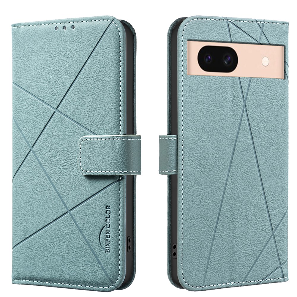 For Google Pixel 8a Case BINFEN COLOR BF35 Geometry Imprinted Leather Phone Cover RFID Blocking Wallet Stand - Green