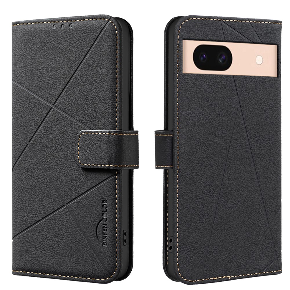 For Google Pixel 8a Case BINFEN COLOR BF35 Geometry Imprinted Leather Phone Cover RFID Blocking Wallet Stand - Black