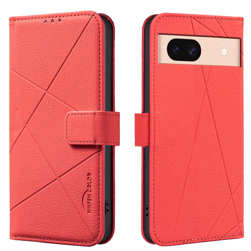 For Google Pixel 8a Case BINFEN COLOR BF35 Geometry Imprinted Leather Phone Cover RFID Blocking Wallet Stand - Red