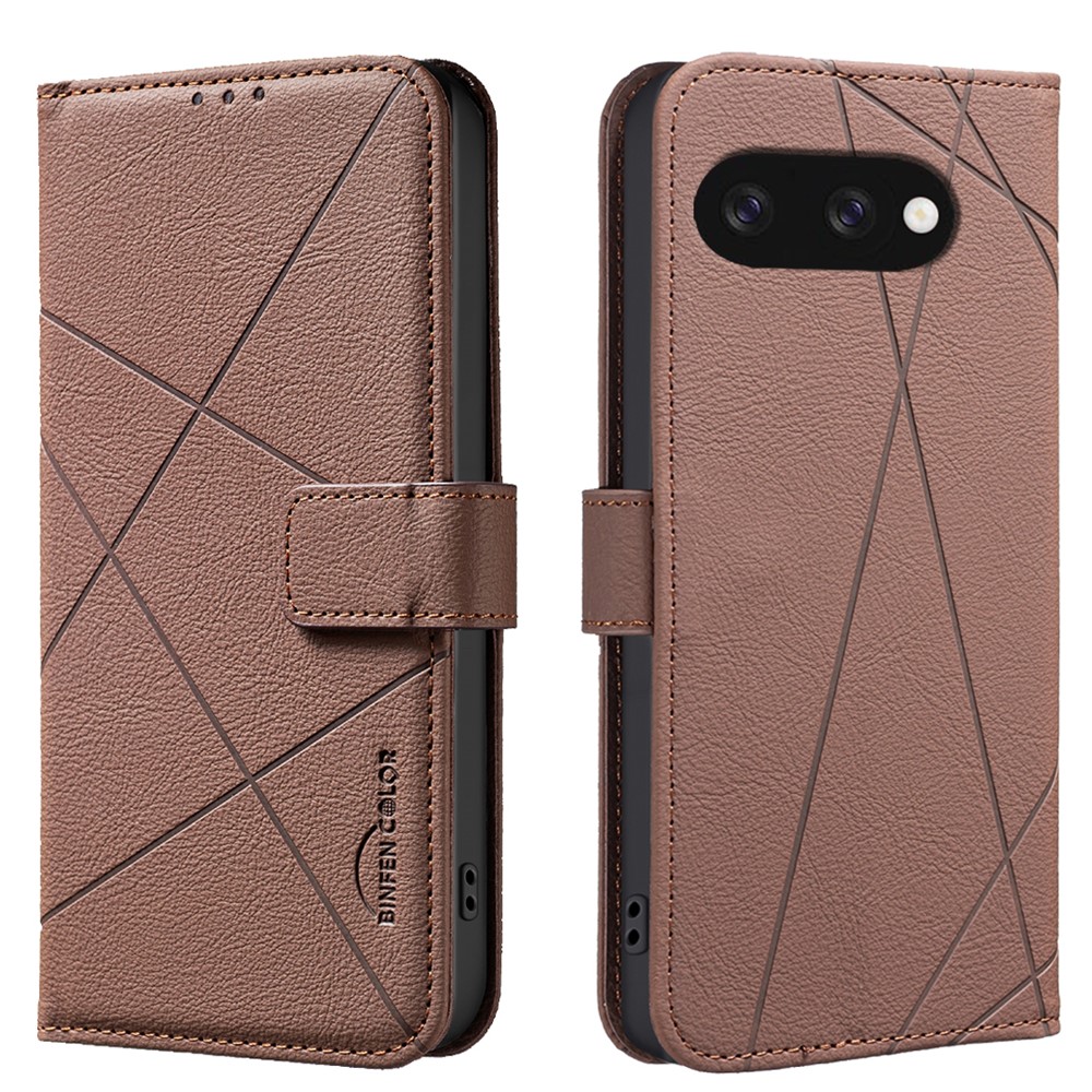 For Google Pixel 9a Case BINFEN COLOR BF35 Geometry Imprinted Leather Phone Cover RFID Blocking Wallet Stand - Brown