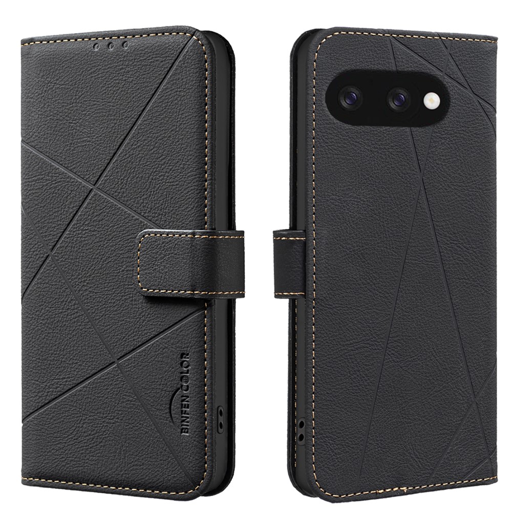 For Google Pixel 9a Case BINFEN COLOR BF35 Geometry Imprinted Leather Phone Cover RFID Blocking Wallet Stand - Black
