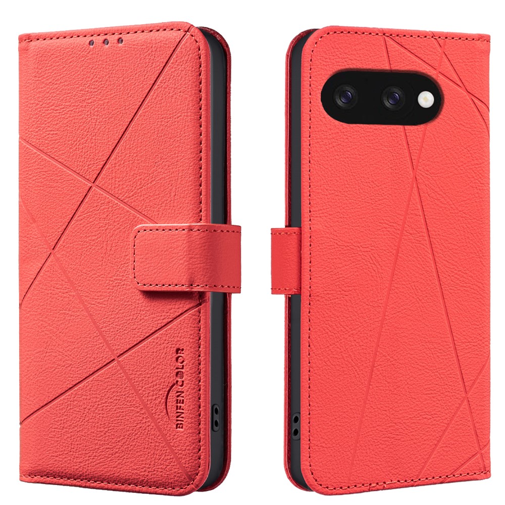 For Google Pixel 9a Case BINFEN COLOR BF35 Geometry Imprinted Leather Phone Cover RFID Blocking Wallet Stand - Red