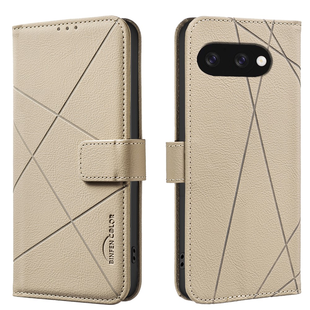 For Google Pixel 9a Case BINFEN COLOR BF35 Geometry Imprinted Leather Phone Cover RFID Blocking Wallet Stand - Beige