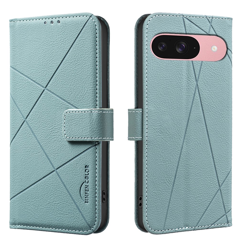 For Google Pixel 9 Pro / Google Pixel 9 Case BINFEN COLOR BF35 Geometry Imprinted Leather Phone Cover RFID Blocking Wallet Stand - Green