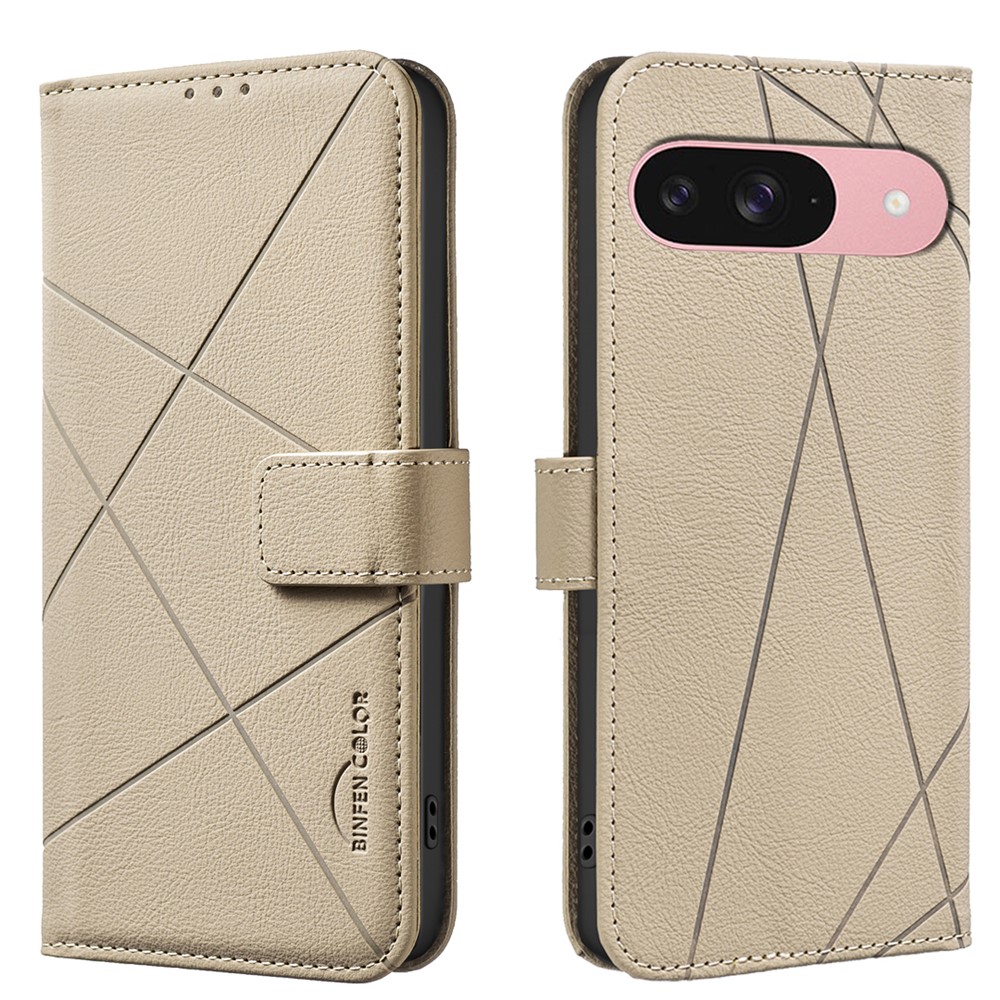 For Google Pixel 9 Pro / Google Pixel 9 Case BINFEN COLOR BF35 Geometry Imprinted Leather Phone Cover RFID Blocking Wallet Stand - Beige