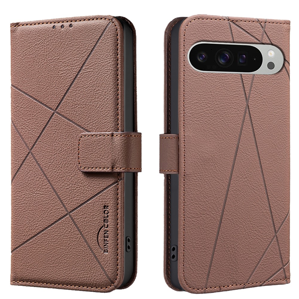 For Google Pixel 9 Pro XL Case BINFEN COLOR BF35 Geometry Imprinted Leather Phone Cover RFID Blocking Wallet Stand - Brown