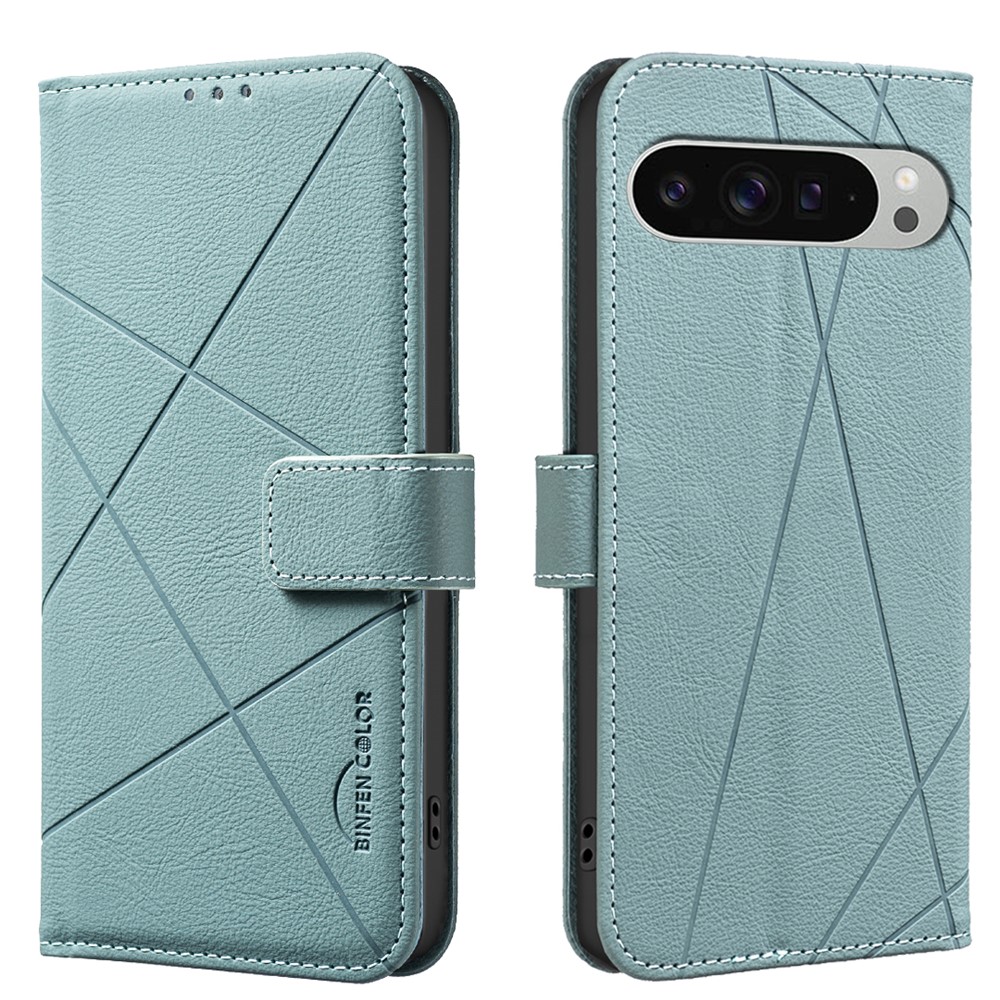 For Google Pixel 9 Pro XL Case BINFEN COLOR BF35 Geometry Imprinted Leather Phone Cover RFID Blocking Wallet Stand - Green