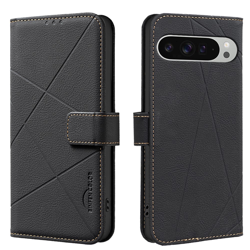For Google Pixel 9 Pro XL Case BINFEN COLOR BF35 Geometry Imprinted Leather Phone Cover RFID Blocking Wallet Stand - Black