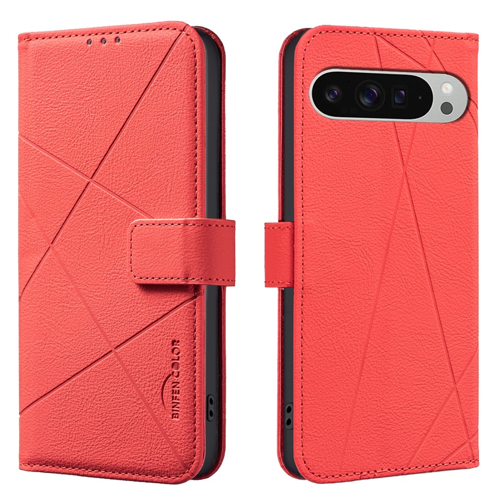 For Google Pixel 9 Pro XL Case BINFEN COLOR BF35 Geometry Imprinted Leather Phone Cover RFID Blocking Wallet Stand - Red