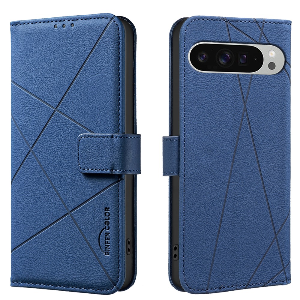 For Google Pixel 9 Pro XL Case BINFEN COLOR BF35 Geometry Imprinted Leather Phone Cover RFID Blocking Wallet Stand - Blue