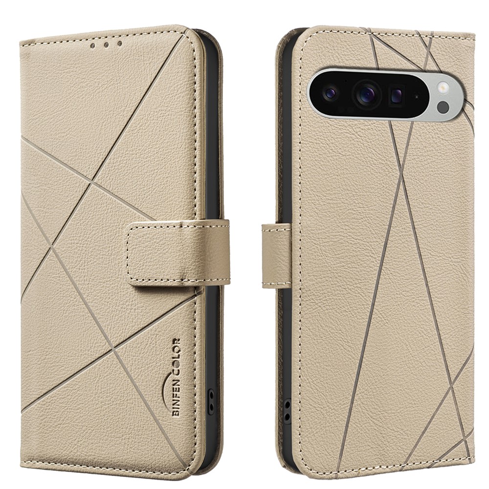 For Google Pixel 9 Pro XL Case BINFEN COLOR BF35 Geometry Imprinted Leather Phone Cover RFID Blocking Wallet Stand - Beige