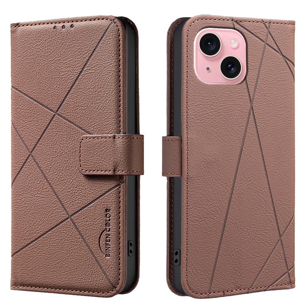 For iPhone 15 Case BINFEN COLOR BF35 Geometry Imprinted Leather Phone Cover RFID Blocking Wallet Stand - Brown