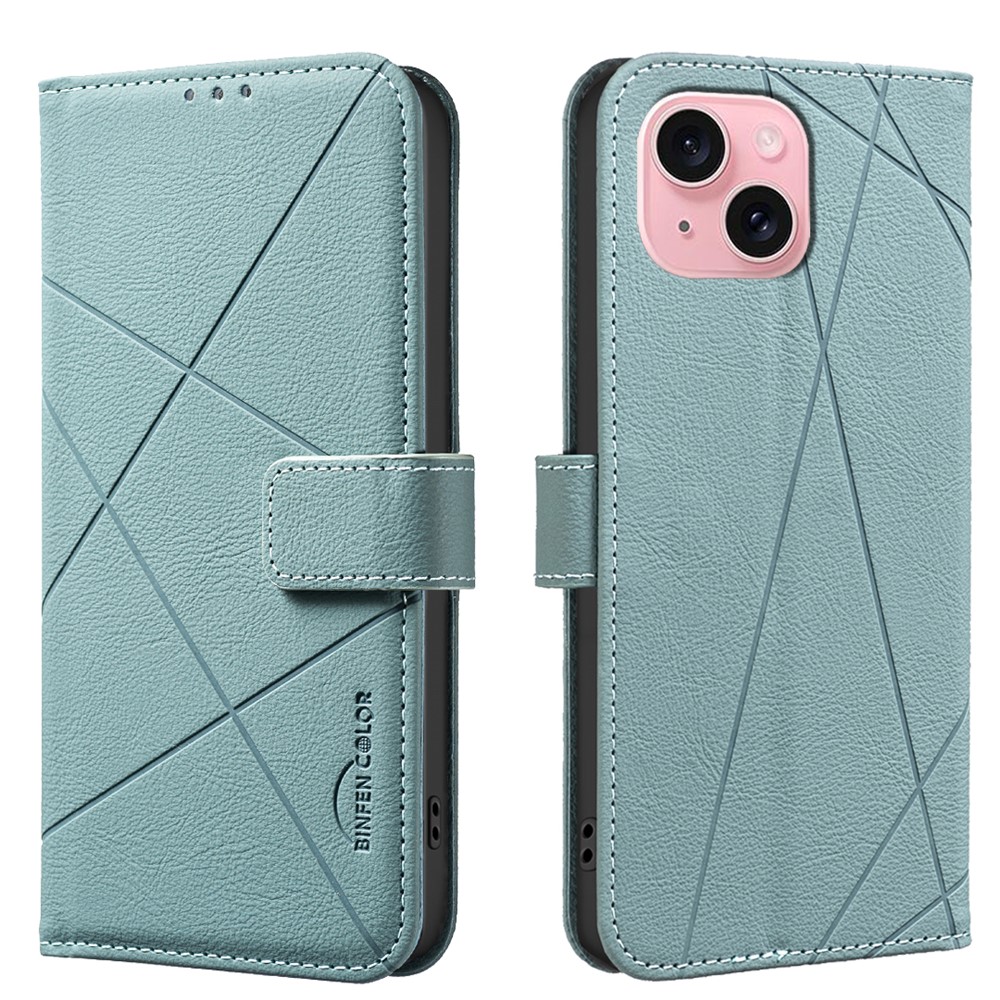 For iPhone 15 Case BINFEN COLOR BF35 Geometry Imprinted Leather Phone Cover RFID Blocking Wallet Stand - Green