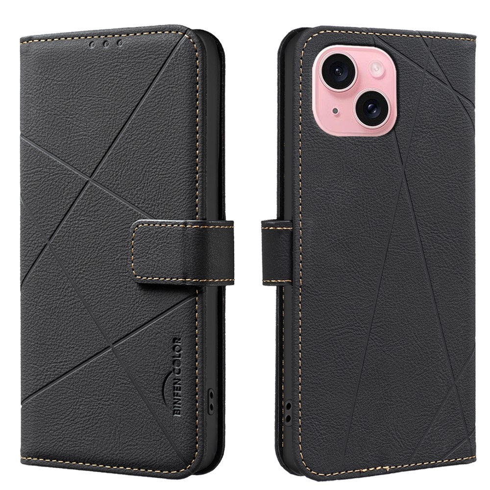 For iPhone 15 Case BINFEN COLOR BF35 Geometry Imprinted Leather Phone Cover RFID Blocking Wallet Stand - Black