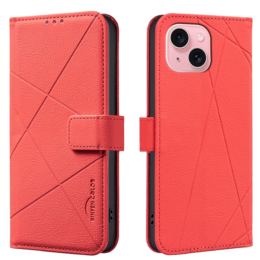 For iPhone 15 Case BINFEN COLOR BF35 Geometry Imprinted Leather Phone Cover RFID Blocking Wallet Stand - Red