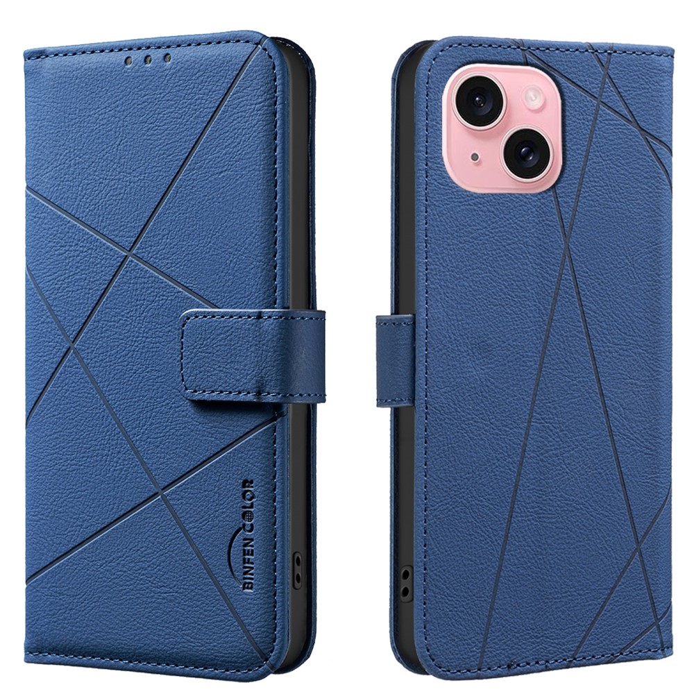 For iPhone 15 Case BINFEN COLOR BF35 Geometry Imprinted Leather Phone Cover RFID Blocking Wallet Stand - Blue