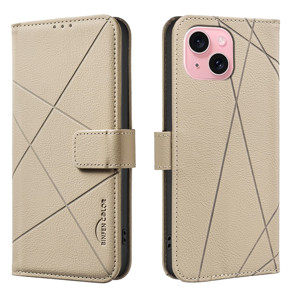 For iPhone 15 Case BINFEN COLOR BF35 Geometry Imprinted Leather Phone Cover RFID Blocking Wallet Stand - Beige