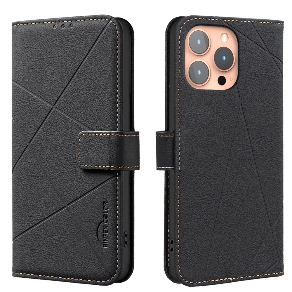 For iPhone 15 Pro Case BINFEN COLOR BF35 Geometry Imprinted Leather Phone Cover RFID Blocking Wallet Stand - Black
