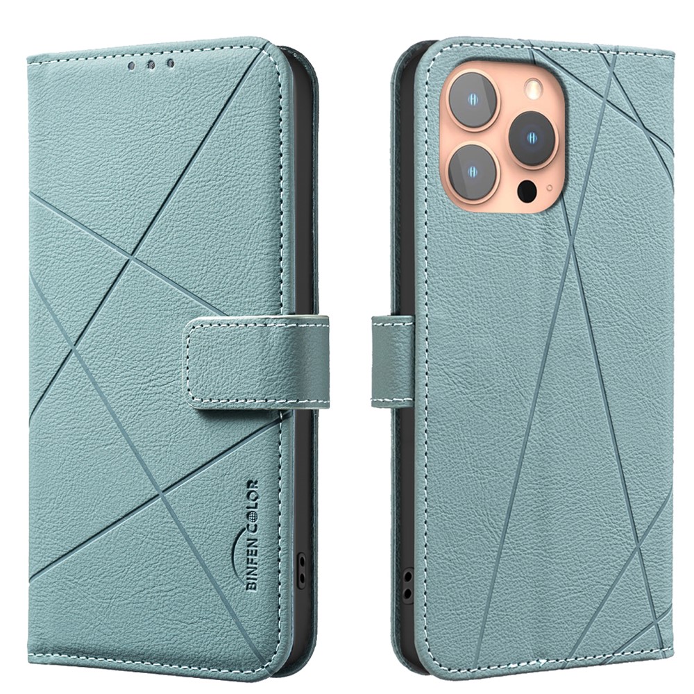 For iPhone 15 Pro Max Case BINFEN COLOR BF35 Geometry Imprinted Leather Phone Cover RFID Blocking Wallet Stand - Green
