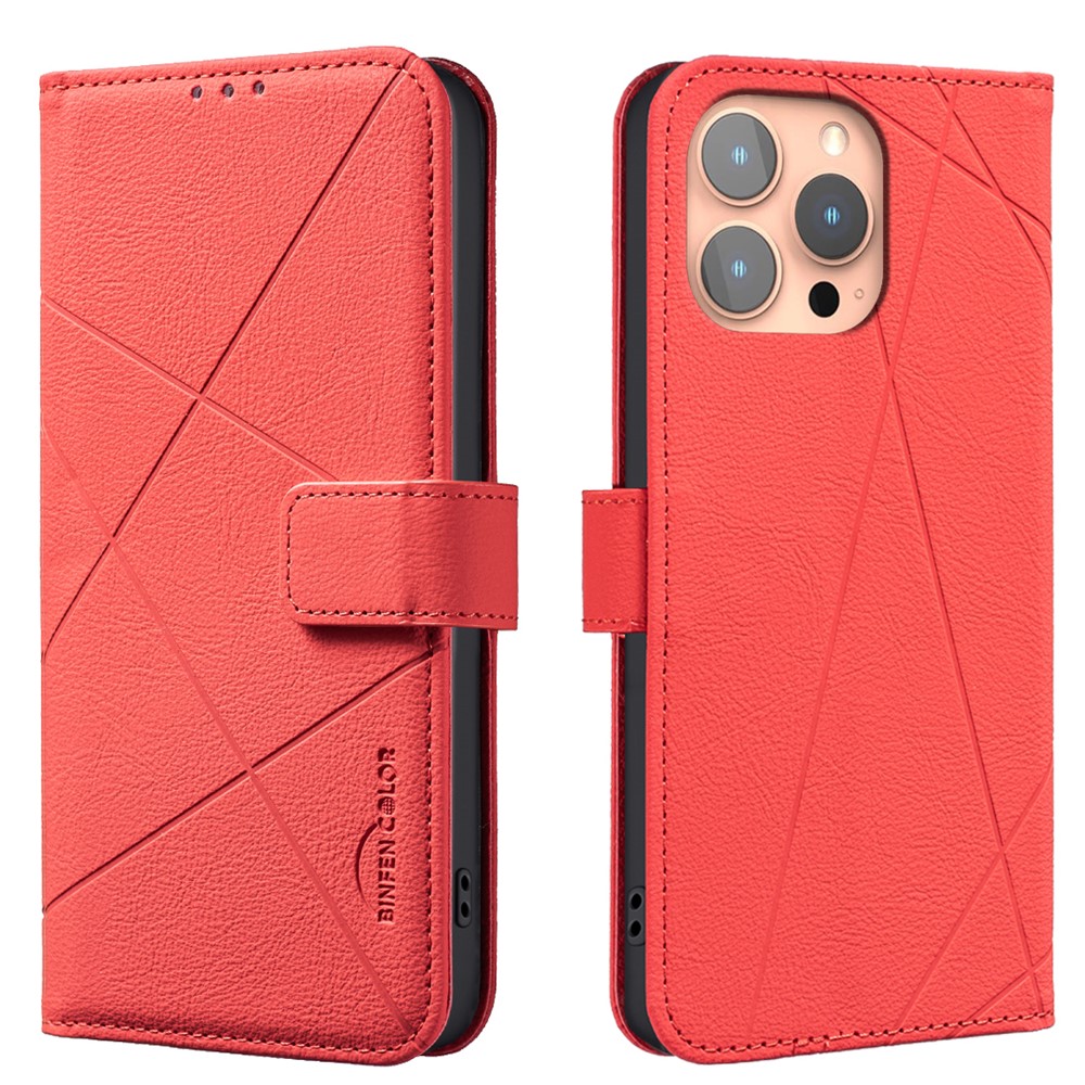 For iPhone 15 Pro Max Case BINFEN COLOR BF35 Geometry Imprinted Leather Phone Cover RFID Blocking Wallet Stand - Red