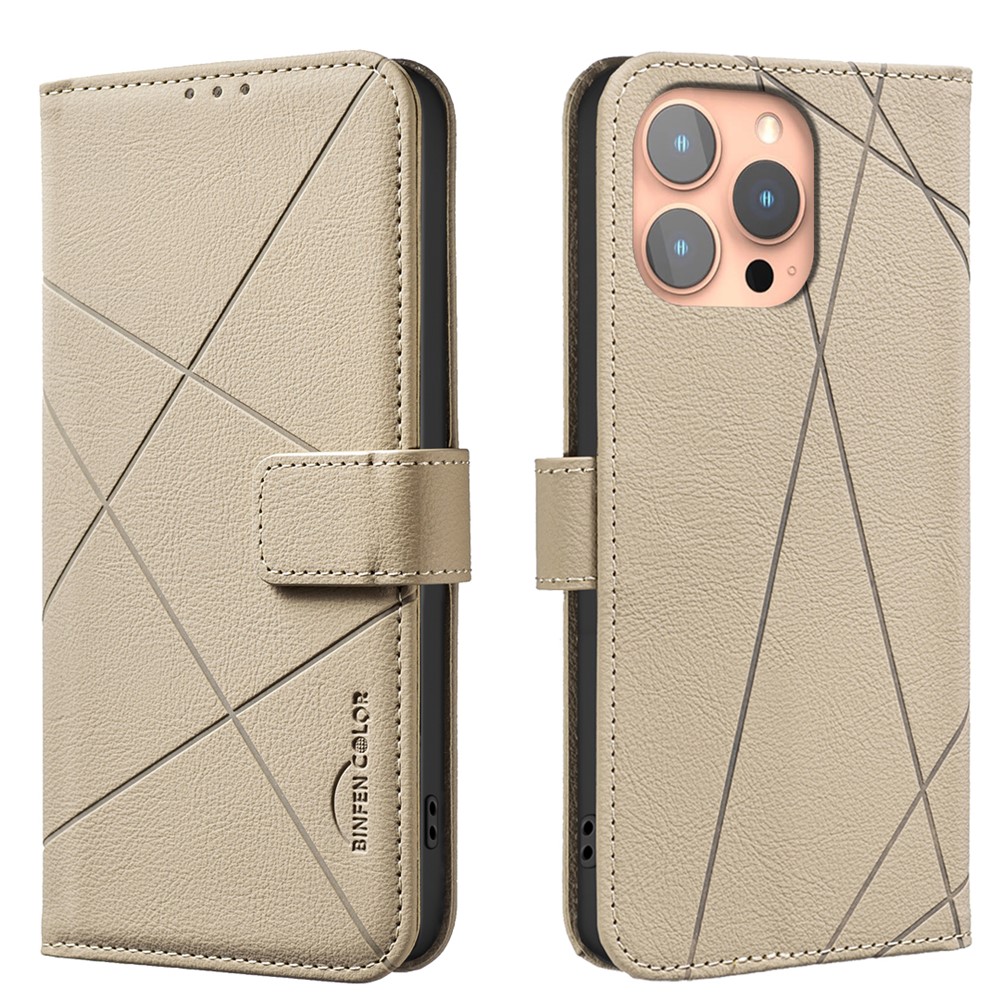 For iPhone 15 Pro Max Case BINFEN COLOR BF35 Geometry Imprinted Leather Phone Cover RFID Blocking Wallet Stand - Beige