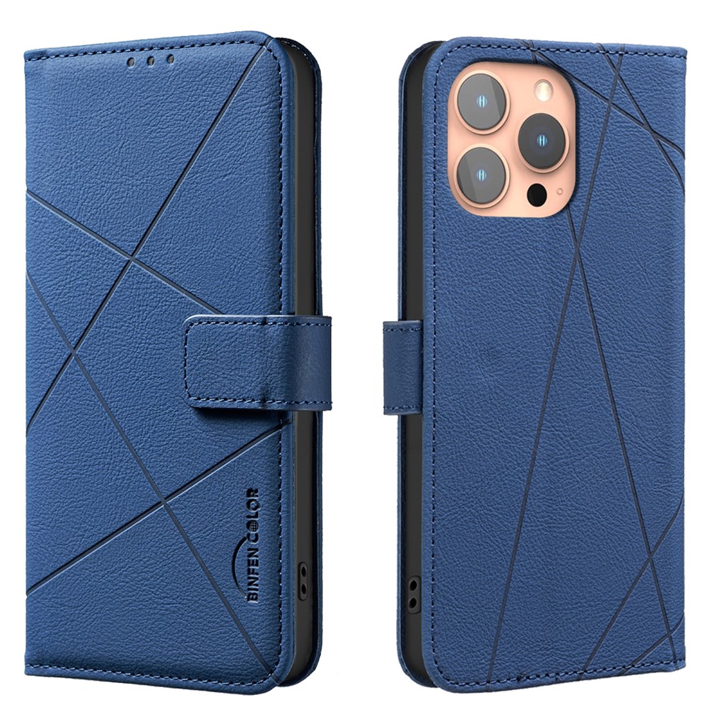 For iPhone 16 Pro Max Case BINFEN COLOR BF35 Geometry Imprinted Leather Phone Cover RFID Blocking Wallet Stand - Blue