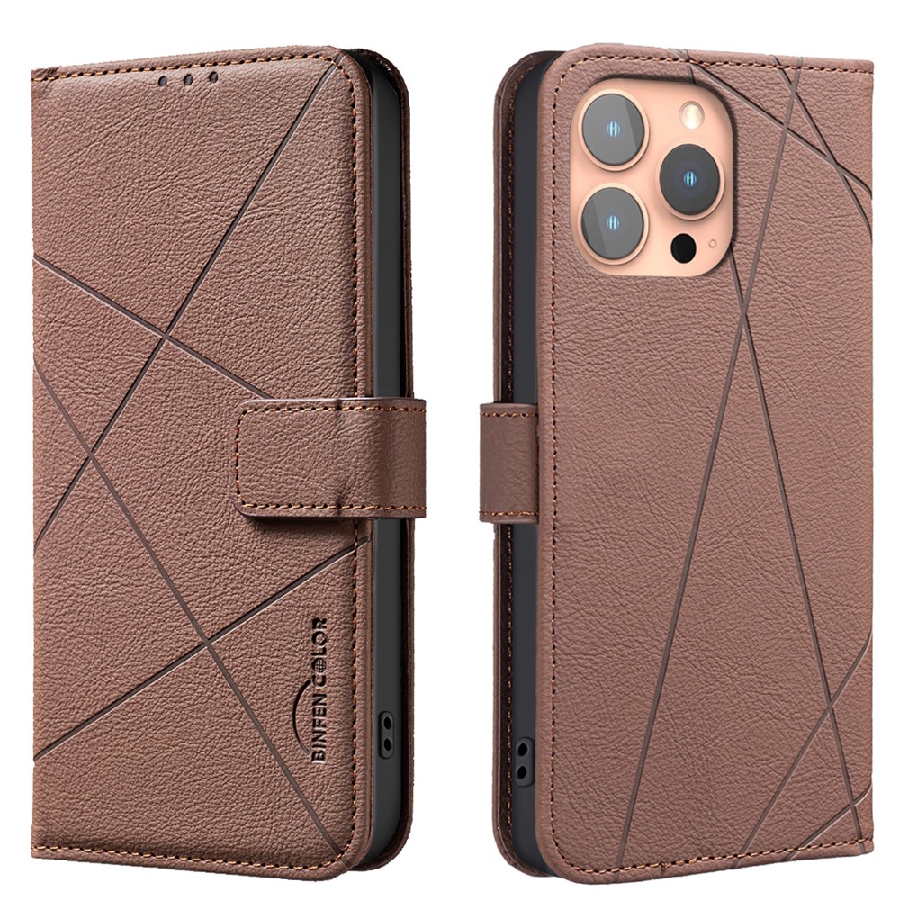 For iPhone 16 Pro Case BINFEN COLOR BF35 Geometry Imprinted Leather Phone Cover RFID Blocking Wallet Stand - Brown