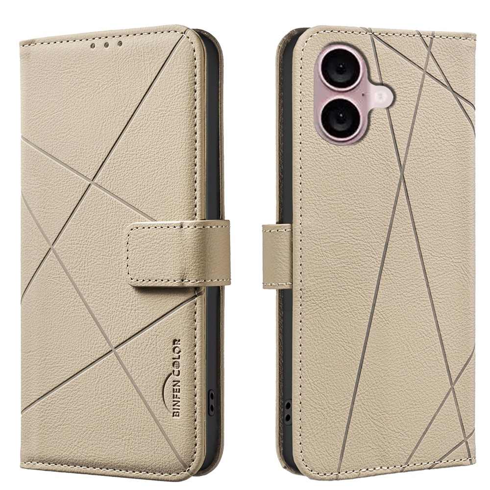 For iPhone 16 Case BINFEN COLOR BF35 Geometry Imprinted Leather Phone Cover RFID Blocking Wallet Stand - Beige