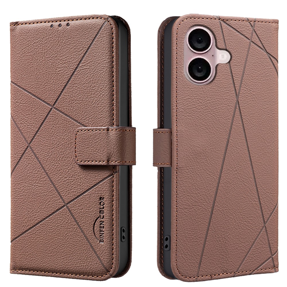 For iPhone 16 Plus Case BINFEN COLOR BF35 Geometry Imprinted Leather Phone Cover RFID Blocking Wallet Stand - Brown