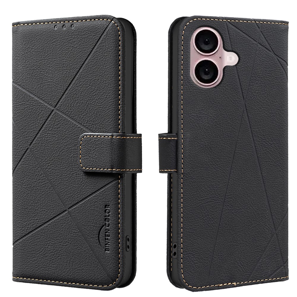 For iPhone 16 Plus Case BINFEN COLOR BF35 Geometry Imprinted Leather Phone Cover RFID Blocking Wallet Stand - Black