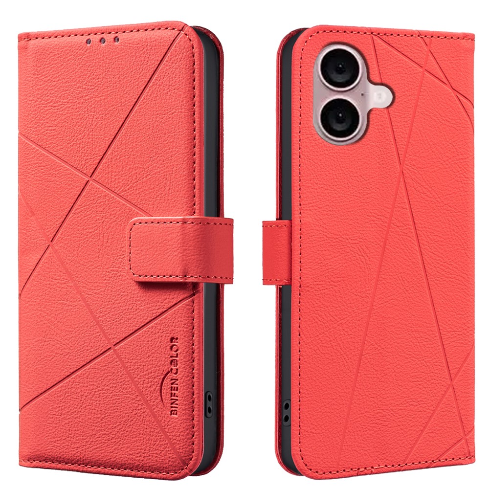 For iPhone 16 Plus Case BINFEN COLOR BF35 Geometry Imprinted Leather Phone Cover RFID Blocking Wallet Stand - Red