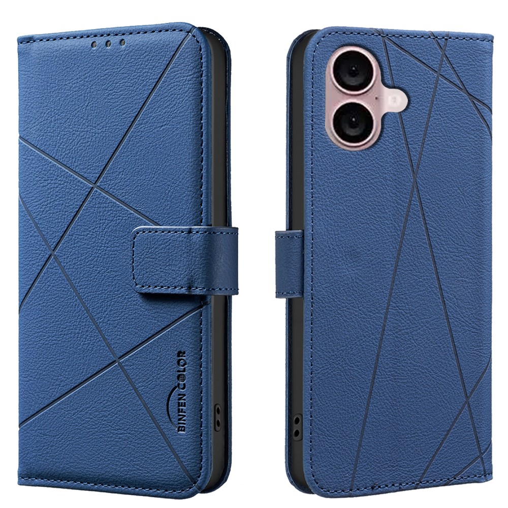 For iPhone 16 Plus Case BINFEN COLOR BF35 Geometry Imprinted Leather Phone Cover RFID Blocking Wallet Stand - Blue