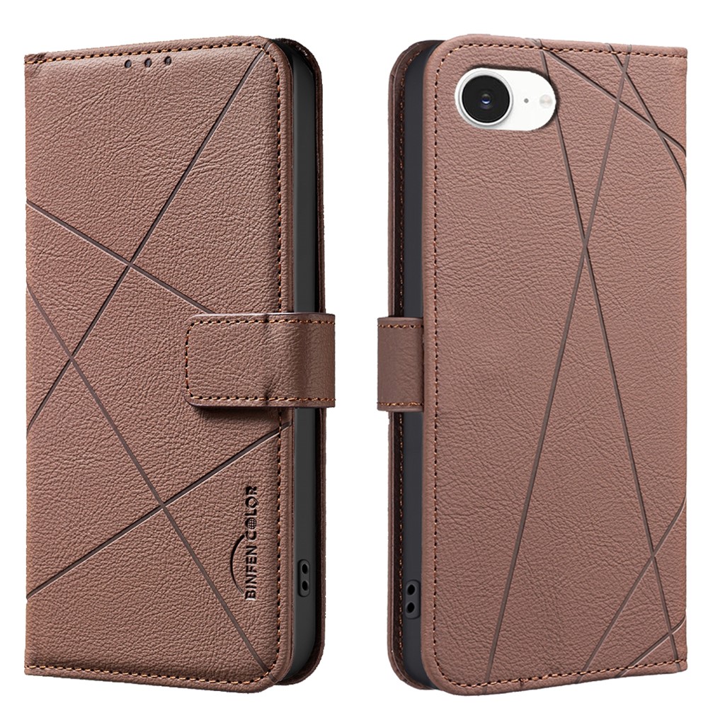 For iPhone 16e Case BINFEN COLOR BF35 Geometry Imprinted Leather Phone Cover RFID Blocking Wallet Stand - Brown