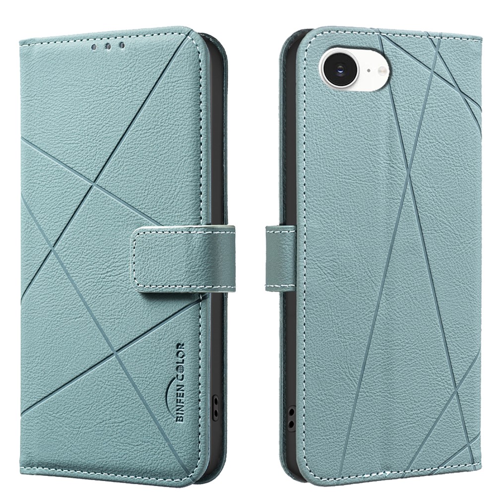 For iPhone 16e Case BINFEN COLOR BF35 Geometry Imprinted Leather Phone Cover RFID Blocking Wallet Stand - Green