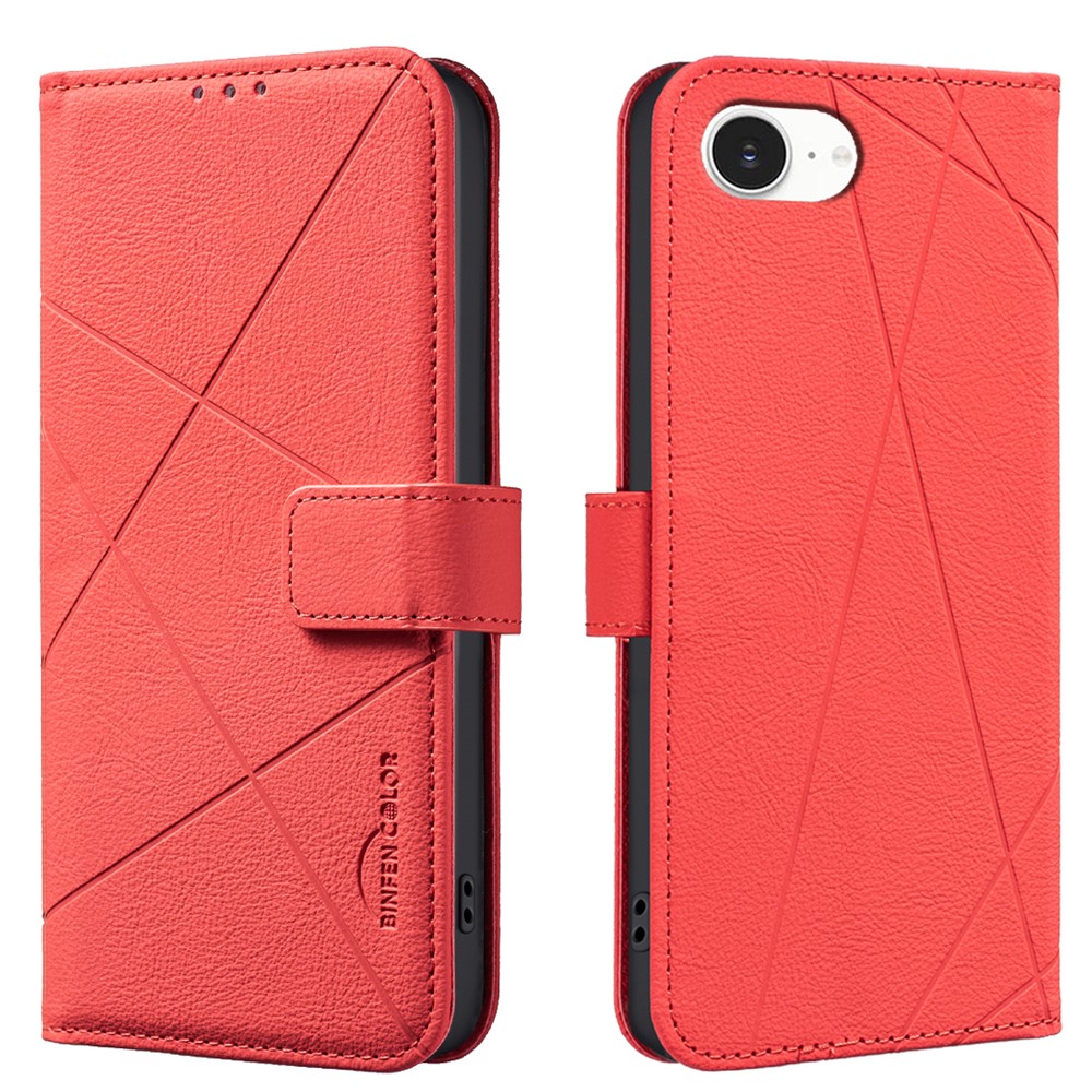 For iPhone 16e Case BINFEN COLOR BF35 Geometry Imprinted Leather Phone Cover RFID Blocking Wallet Stand - Red