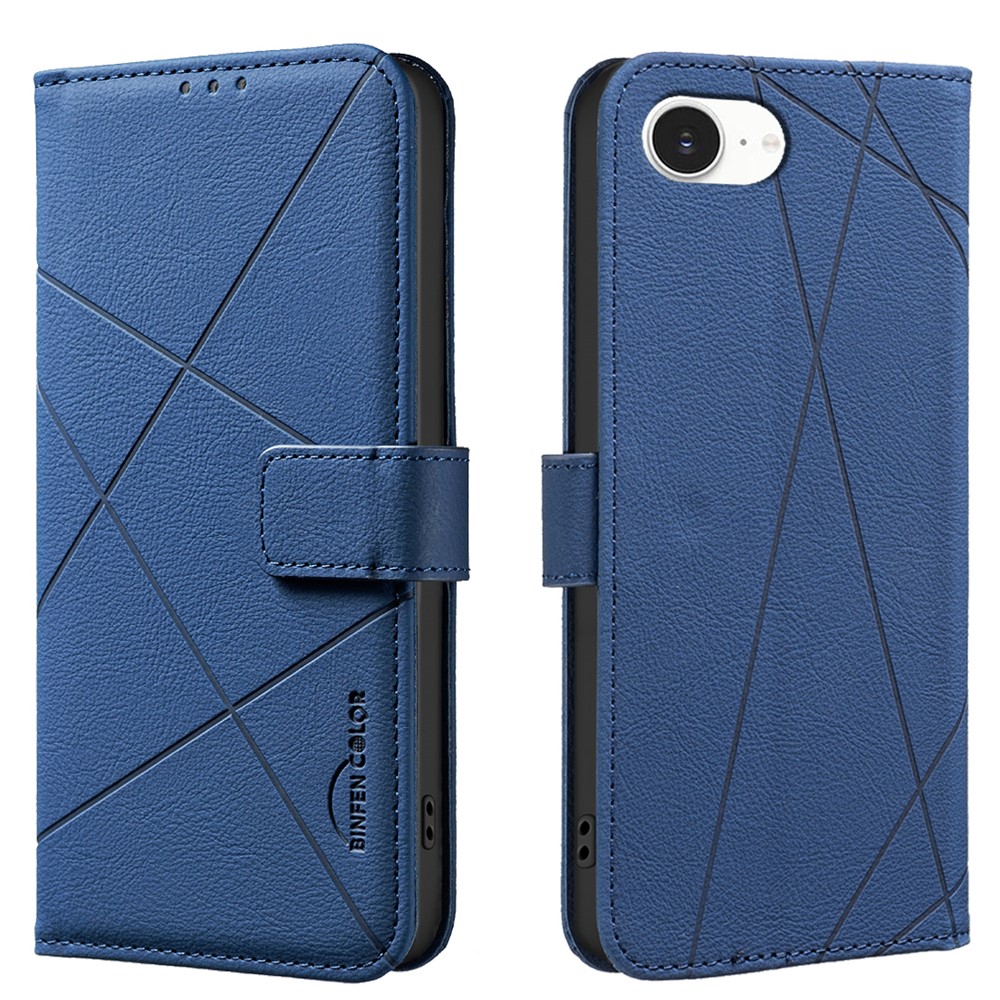 For iPhone 16e Case BINFEN COLOR BF35 Geometry Imprinted Leather Phone Cover RFID Blocking Wallet Stand - Blue