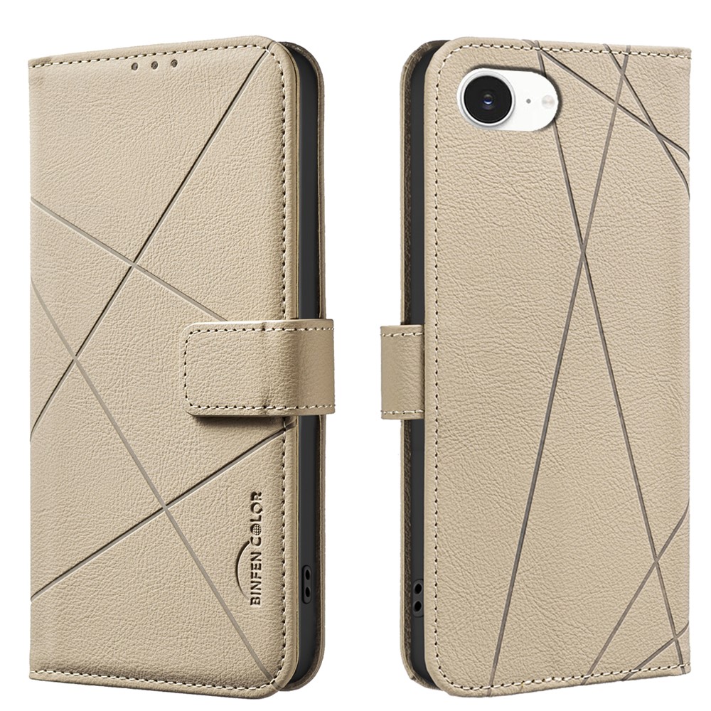 For iPhone 16e Case BINFEN COLOR BF35 Geometry Imprinted Leather Phone Cover RFID Blocking Wallet Stand - Beige
