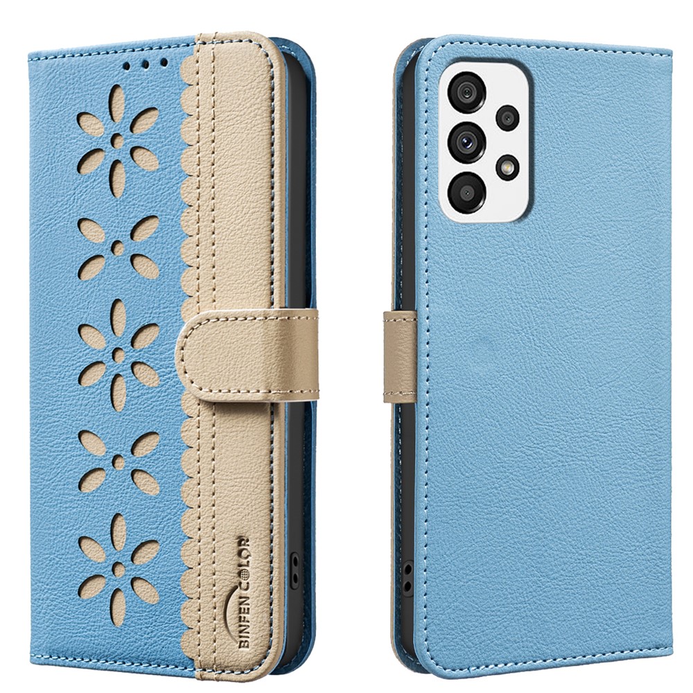 BINFEN COLOR For Samsung Galaxy A33 5G Leather Case BF36 Floral Pattern Phone Cover RFID Blocking Wallet Stand - Baby Blue