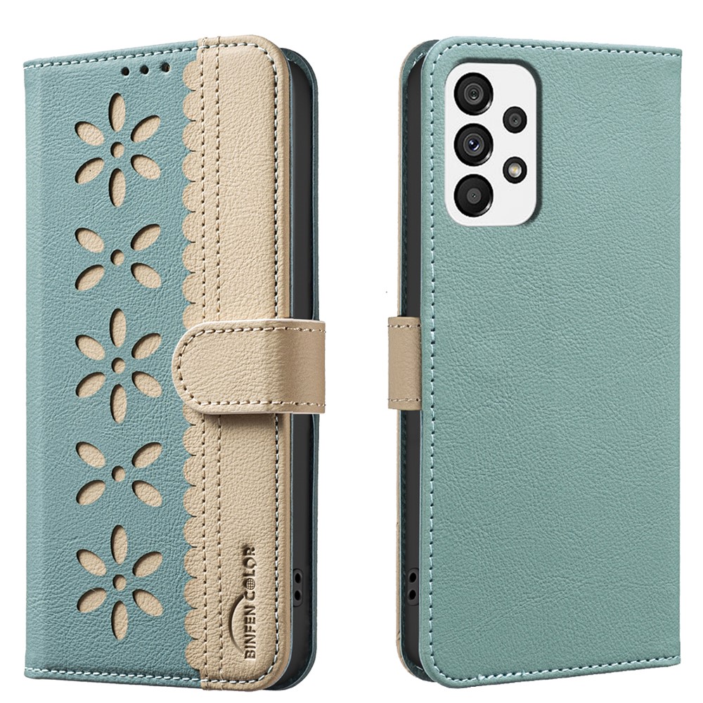 BINFEN COLOR For Samsung Galaxy A33 5G Leather Case  BF36 Floral Pattern Phone Cover RFID Blocking Wallet Stand - Green