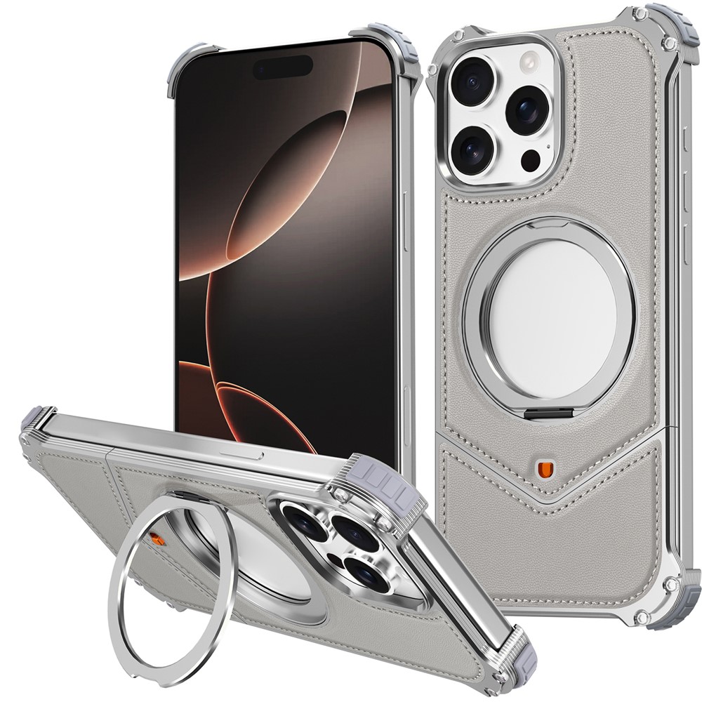 For iPhone 15 Pro Case PU Covered Metal Boardless Phone Back Cover with Kickstand - Grey