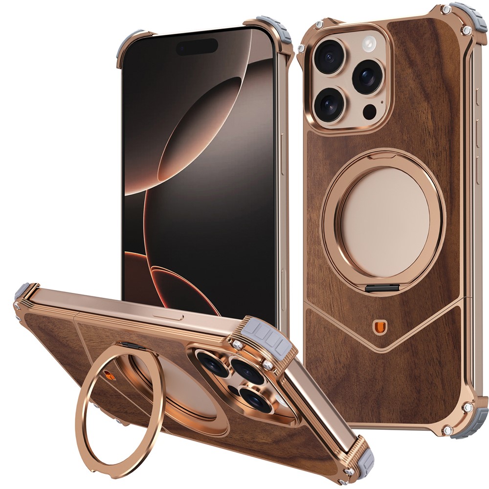 For iPhone 15 Pro Magnetic Case Wood Covered Metal Boardless Phone Back Cover with Kickstand - Gold